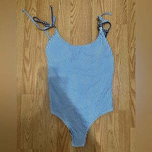 Aerie Cheeky Striped Gingham Tie-Strap One Piece, size M, blue and black